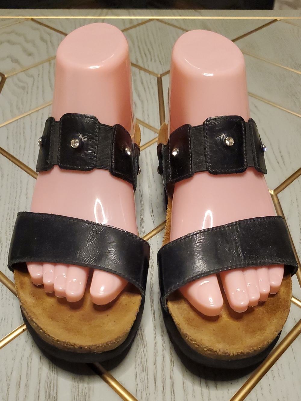 Naot Black Leather Two-Strap Studded Slide Sandals. Size 7.